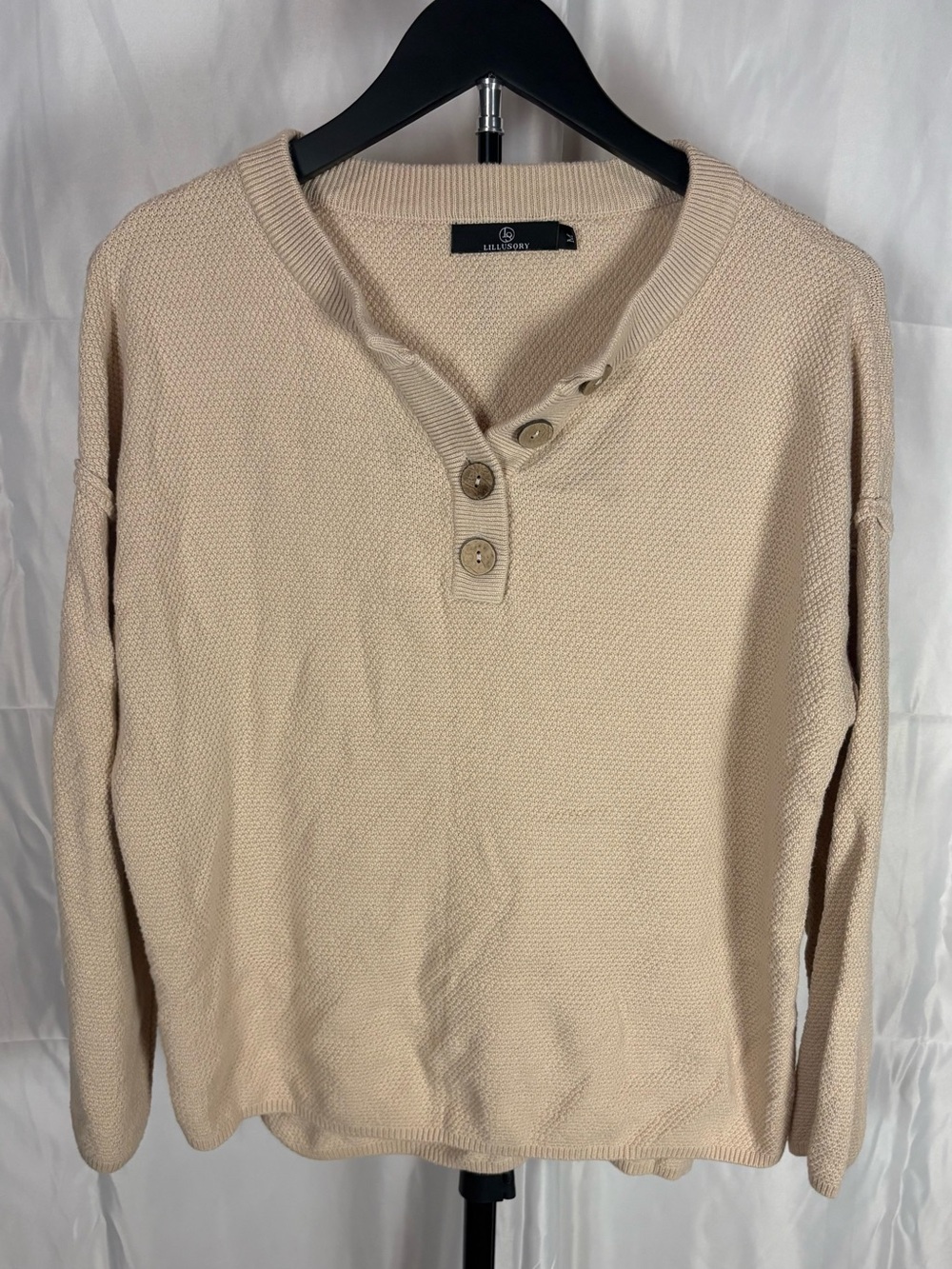Women’s Beige Henley Knit Sweater - Classic Long Sleeve